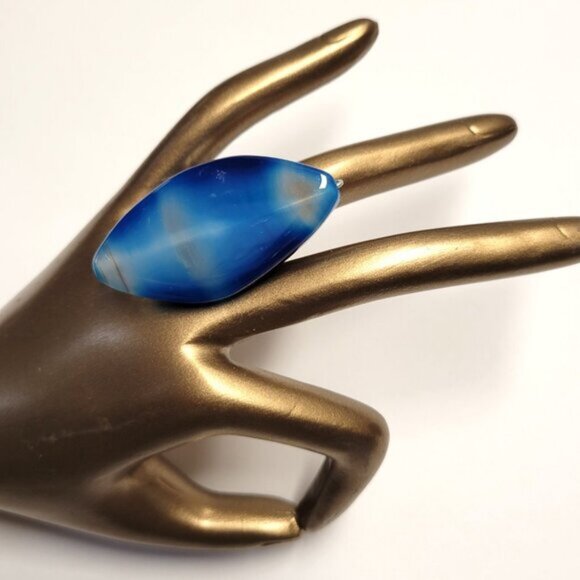 Huge Blue Agate Ring Adjustable Band Handmade Semi Precious Ring Oval Agate Ring - Picture 3 of 10